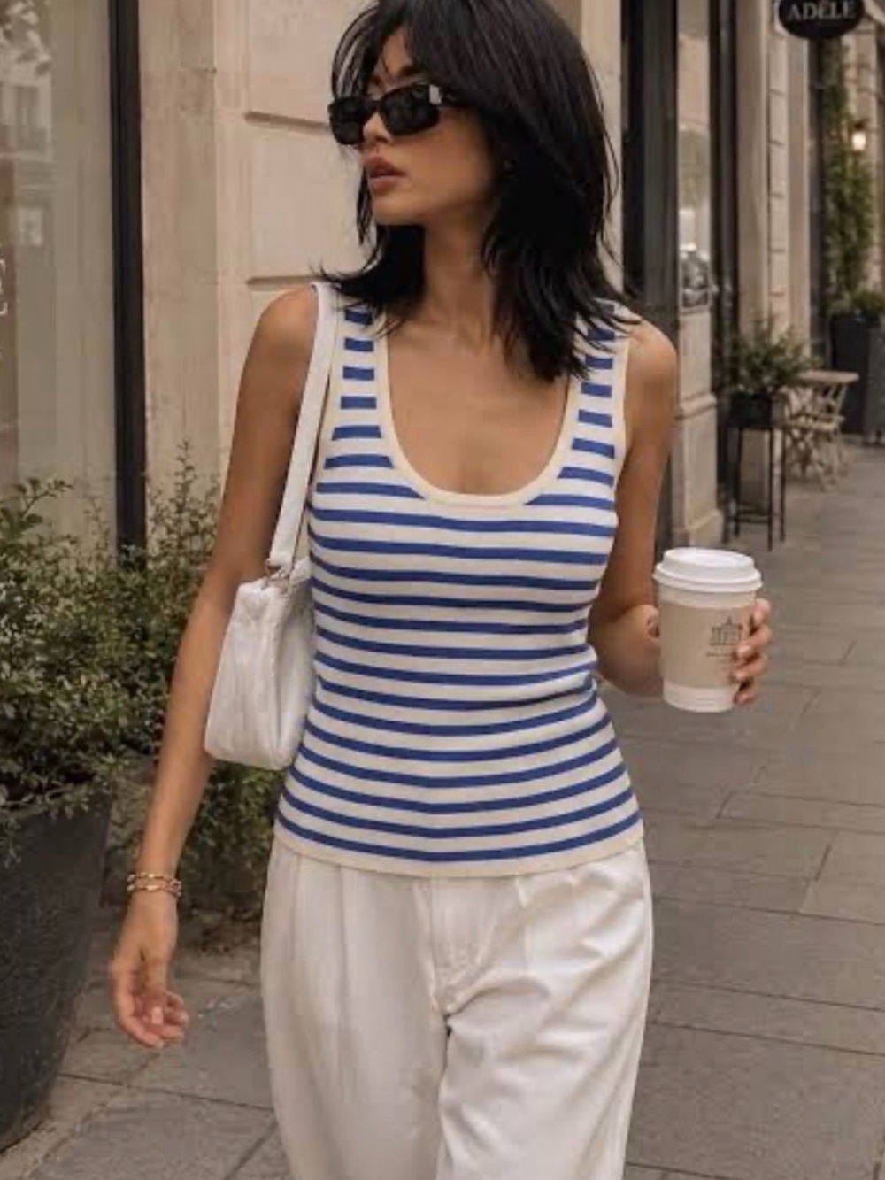 Zara Blue White Striped Knit Tank Top Scoop Neck Sleeveless Size XS